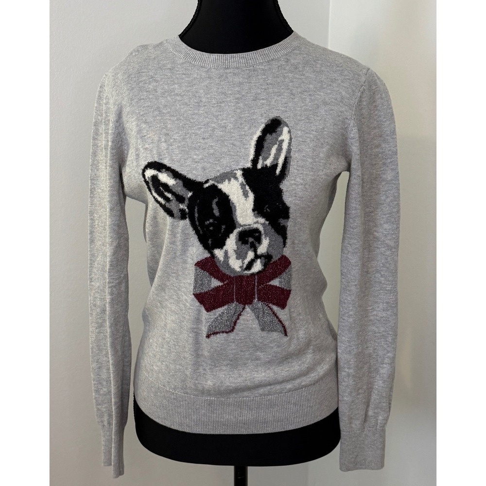 Ted Baker London Gray French Bulldog Graphic Sweater Metallic‎ Bow Size 1 Small